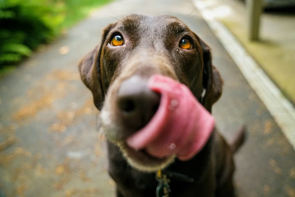 Perro marrón sacando la lengua